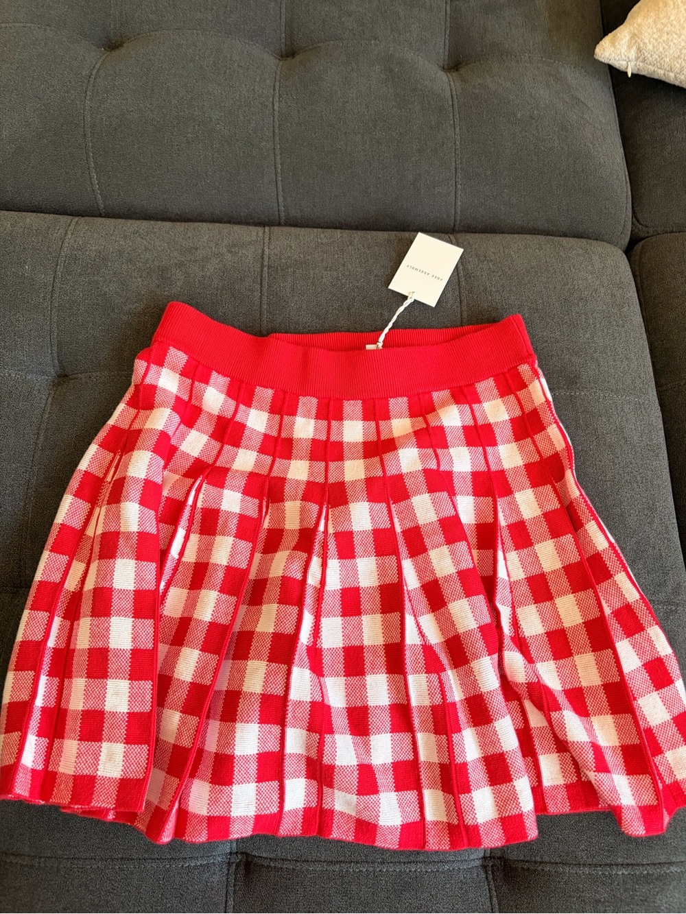 Red and White Gingham Pleated Knit Skirt - Picture 2 of 4